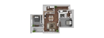 A 3D floor plan of a house with a living room, kitchen, dining room, and two bedrooms.
