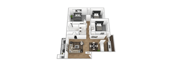 A top-down view of a house layout with two bedrooms, a living room, a kitchen, and a bathroom.