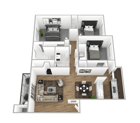 A top-down view of a house layout with two bedrooms, a living room, a kitchen, and a bathroom.