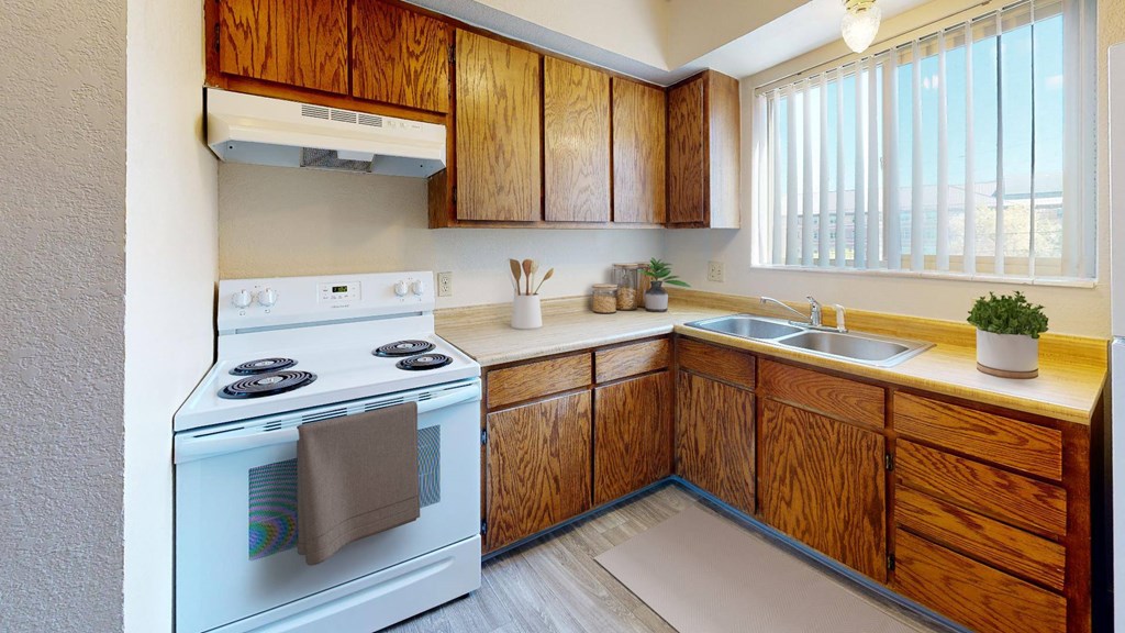 a kitchen with a stove and a sink