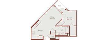 A floor plan of a house with a living room, kitchen, bedroom, and bathroom.