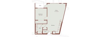A floor plan of a house with a deck, living room, bedroom, kitchen, and bathroom.