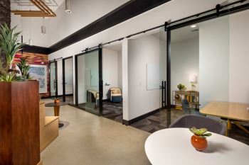 A room with a table and chairs and a plant.