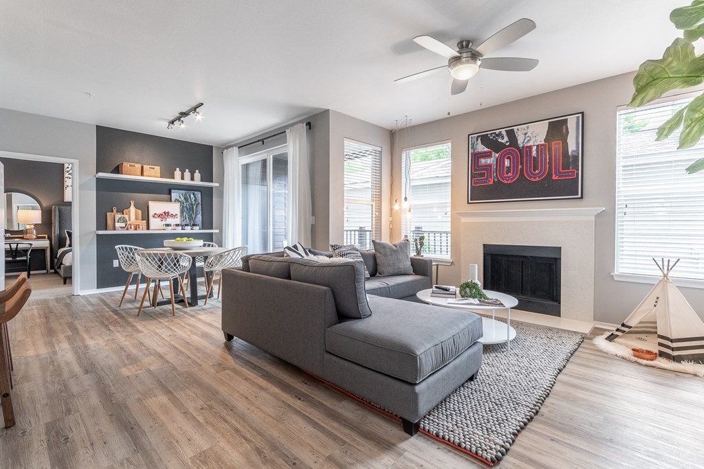 a living room with a couch and a coffee table
