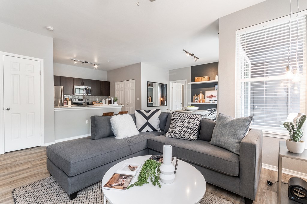 a living room with a gray couch and a coffee table