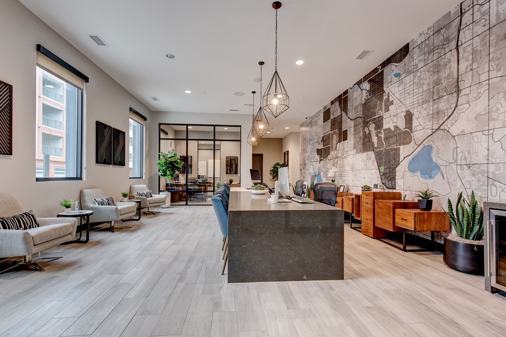 the ultimate entertaining space in a living room with a marble counter and a large wall