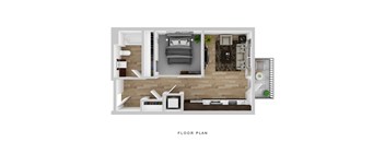 A floor plan of a small apartment with a bedroom, living room, and kitchen.