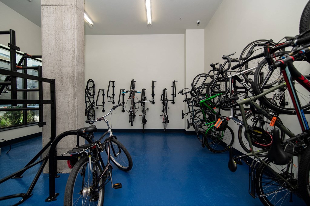 a room full of bikes and a wall with a row of bicycles on it