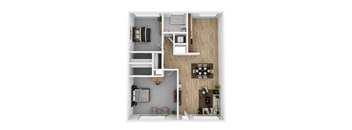 A top-down view of a small apartment with a kitchen, living room, and bathroom.