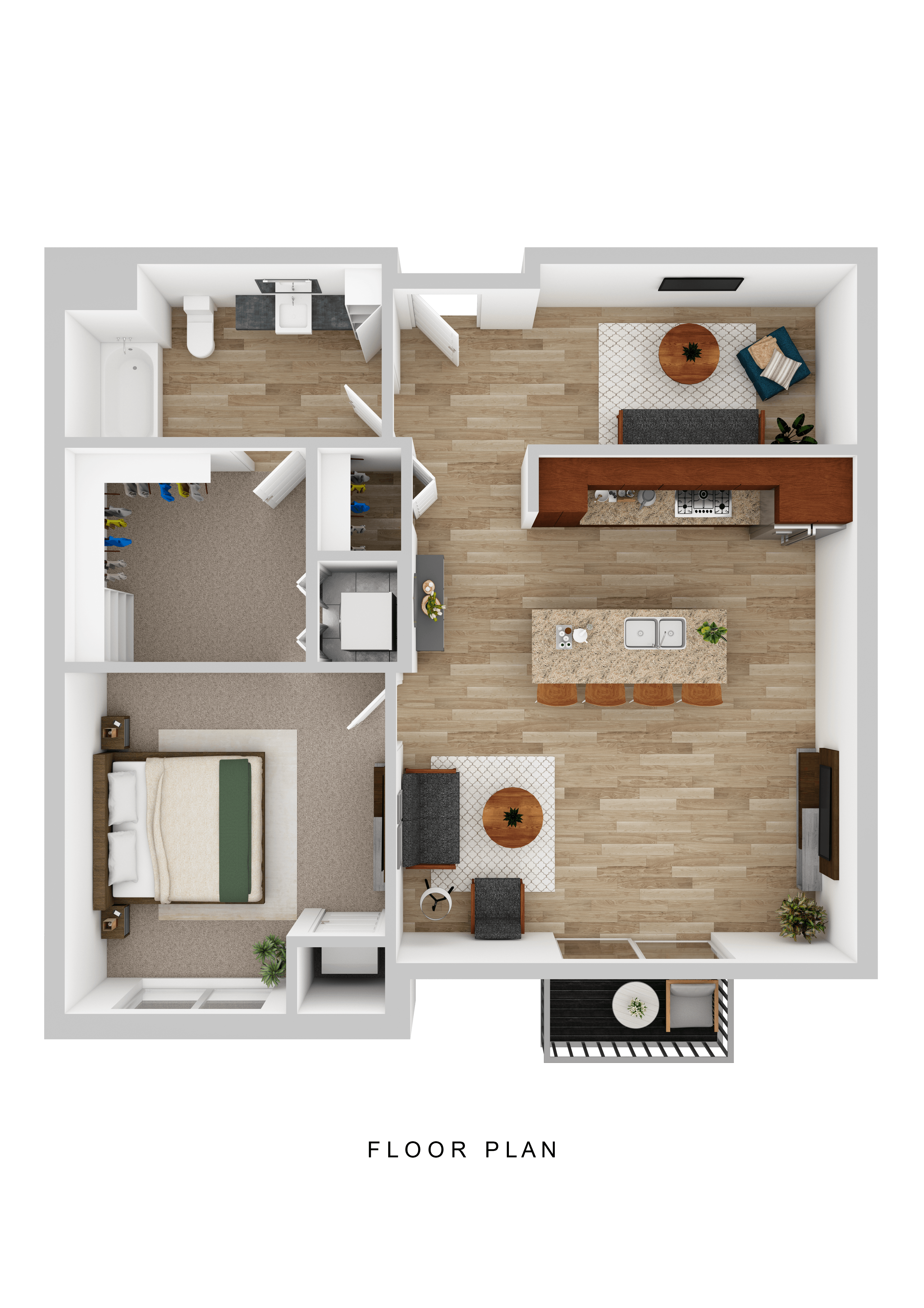 A floor plan of a house with a living room, kitchen, and two bedrooms.