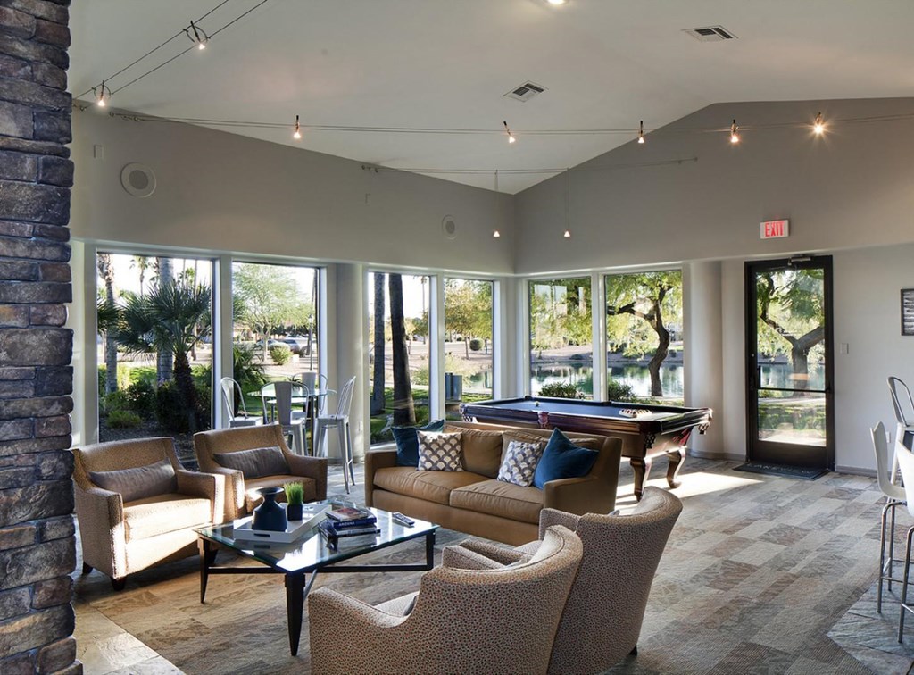Resident Lounge with Modern Lightning at Lakeview at Superstition Springs, 1849 South Power Road, AZ