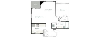 A floor plan of a house with a patio, living room, dining room, kitchen, bath, and bedroom.