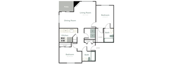 A floor plan of a home with a patio, living room, dining room, kitchen, and two bedrooms.