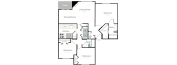 A floor plan of a house with a patio, living room, dining room, kitchen, and three bedrooms.
