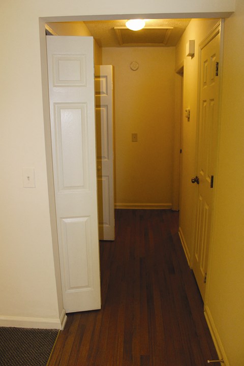 a hallway with two doors and a door open to a closet