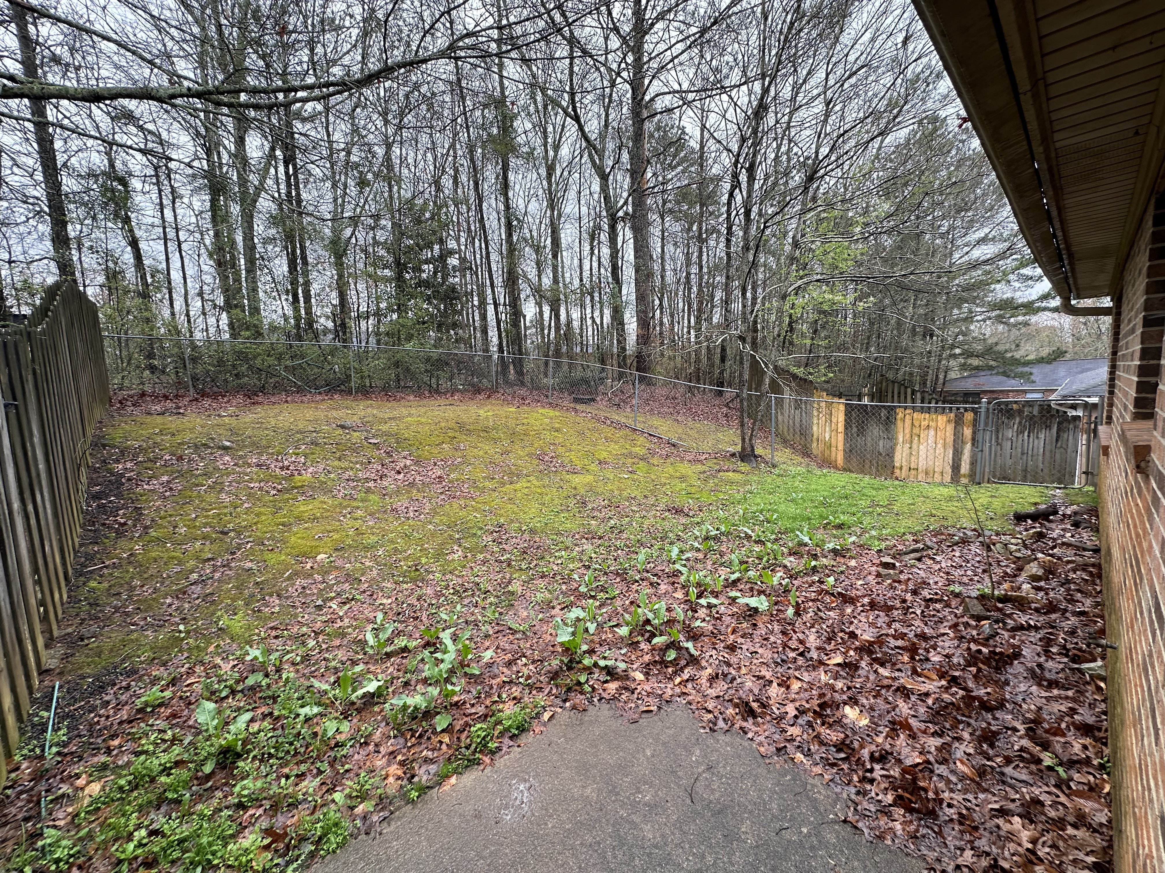 the backyard of a house with a yard and a fence