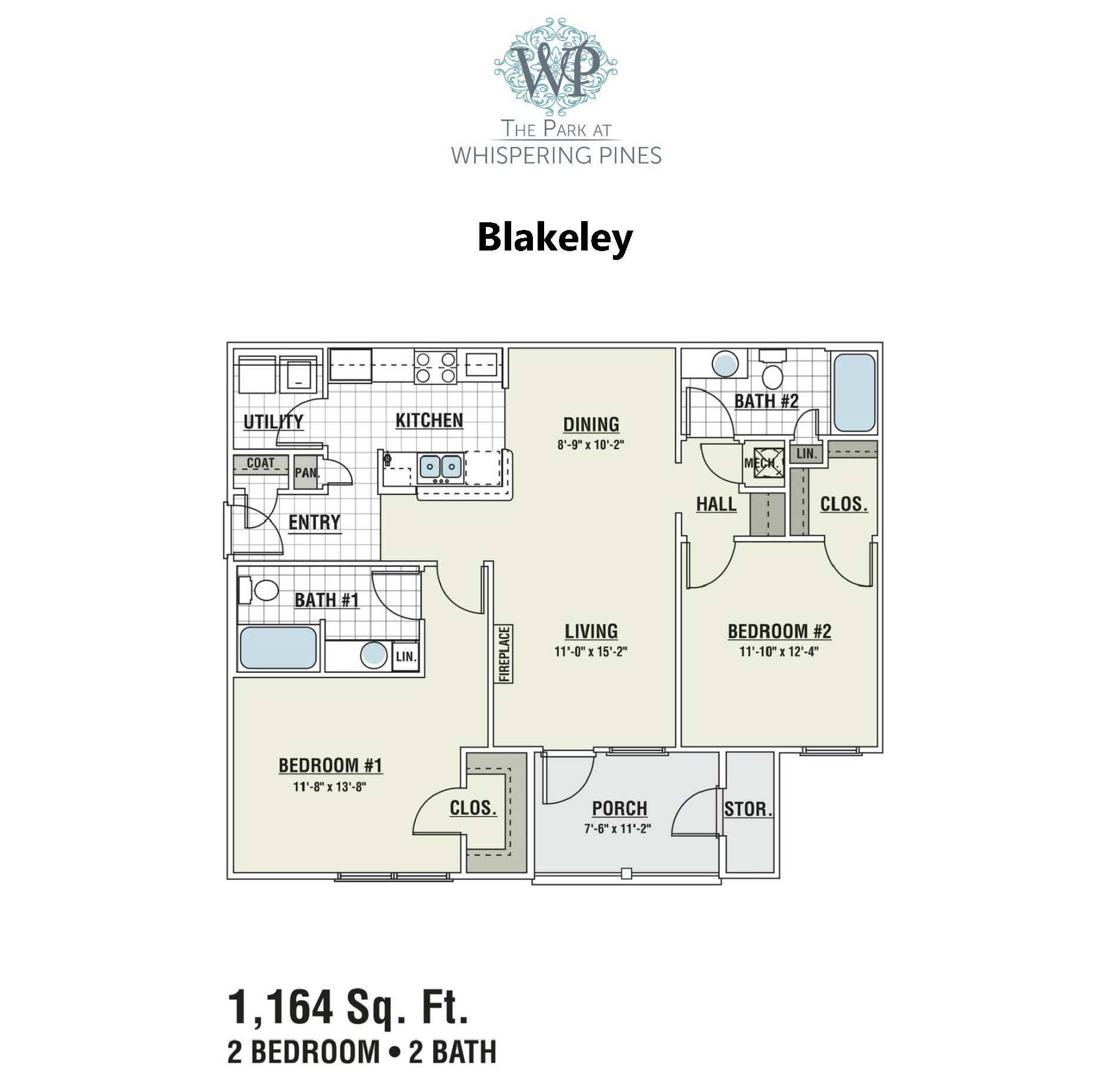 A floor plan for a 1,164 square foot home with two bedrooms and two baths.