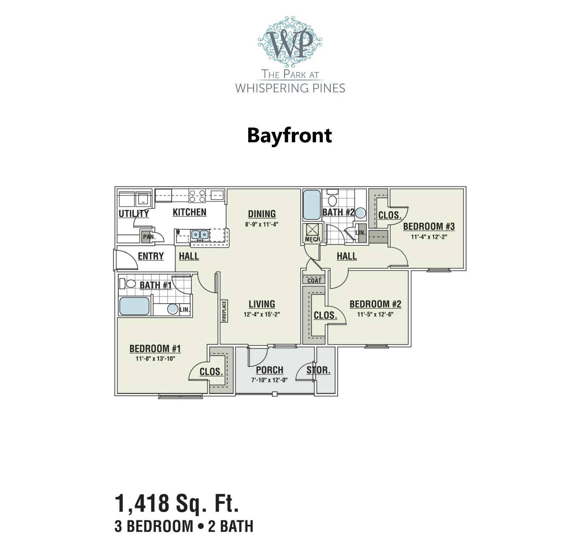 A floor plan for a 1,418 square foot home with three bedrooms and two bathrooms.