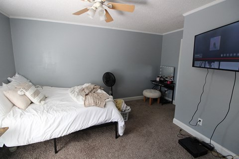 a bedroom with a bed and a tv on the wall
