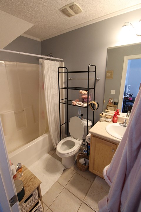 a bathroom with a toilet and a shower and a sink