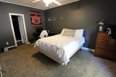 a bedroom with a bed and a dresser