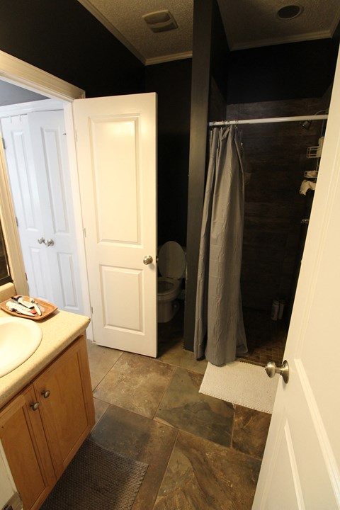 a bathroom with a shower and a sink and a toilet