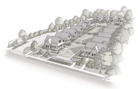 A drawing of a residential area with houses and trees.