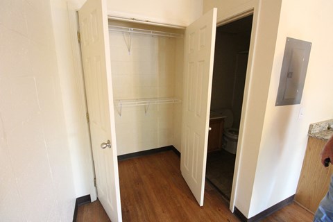 a room with a closet and a shower in it