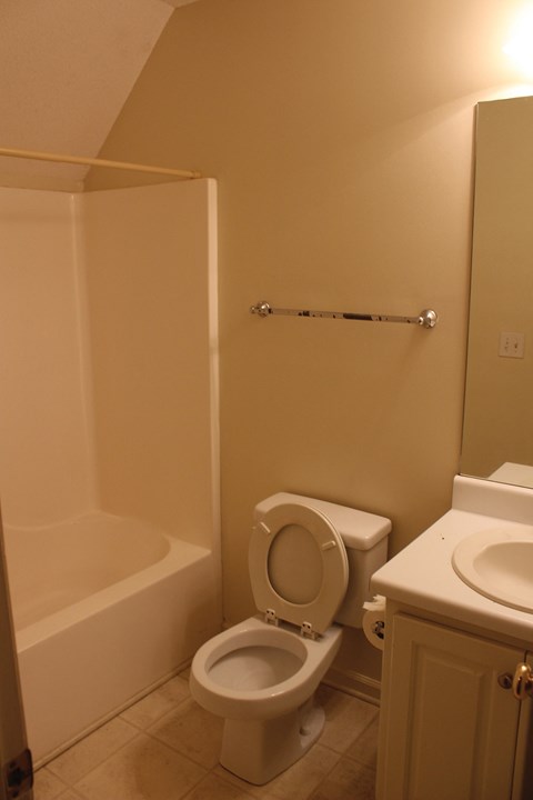 A white toilet sits next to a bathtub in a bathroom.