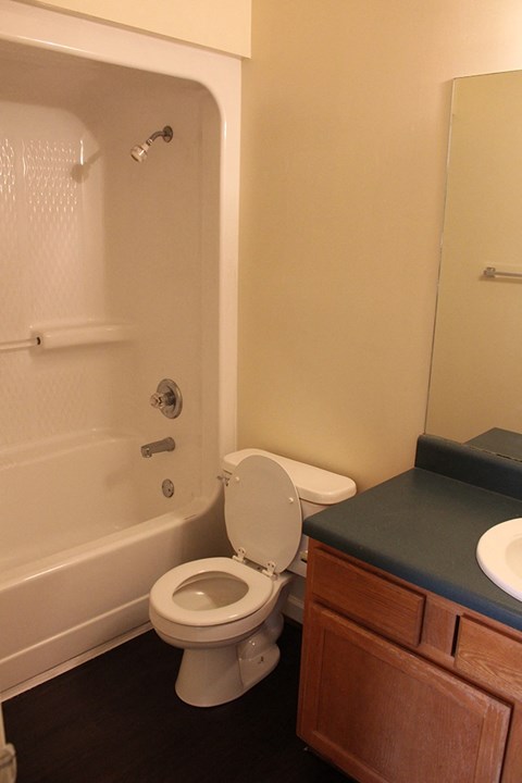 A white toilet in a bathroom with a black counter top.