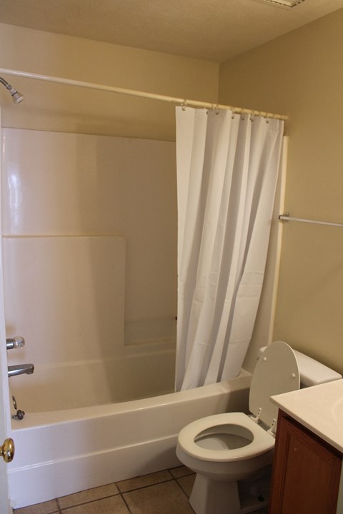 a bathroom with a toilet and a tub with a shower curtain