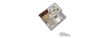 a floor plan of a small apartment with a bedroom and a bathroom