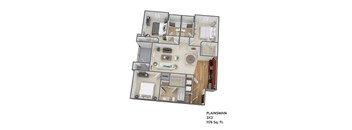 a 3d floor plan of a house with a bedroom and a living room