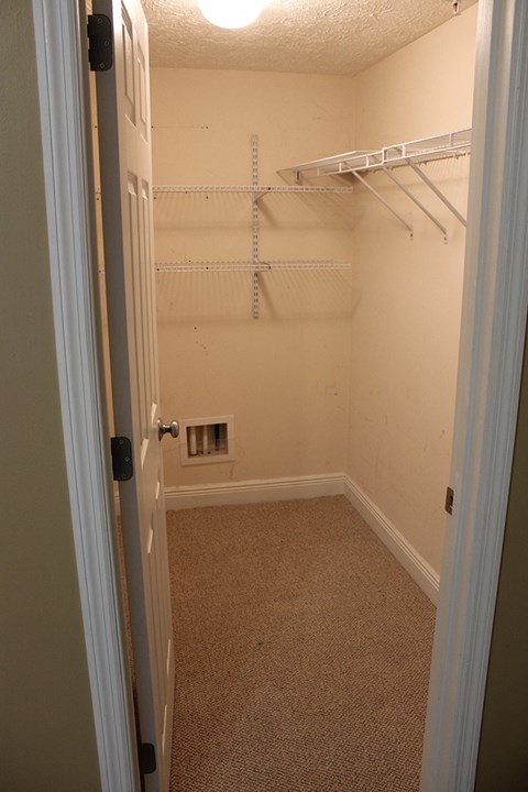 A small, empty closet with a carpeted floor and white shelving.