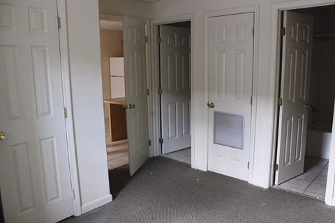 a view of three doors in a room with a carpeted floor
