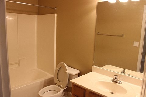 A bathroom with a toilet, sink, and shower.