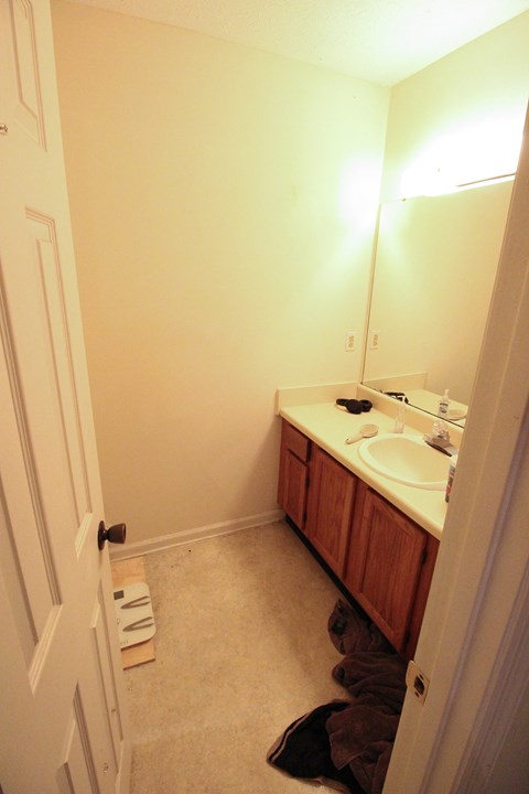 a small bathroom with a sink and a mirror