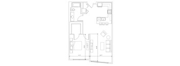 A floor plan of a house with a kitchen, living room, and bathroom.