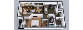 A 3D rendered image of a modern apartment layout.