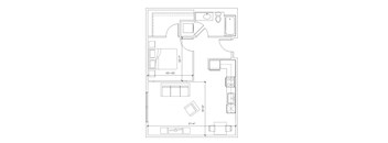 A floor plan of a small apartment with a kitchen, living room, and bathroom.