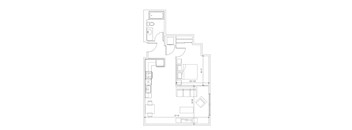 A floor plan of a house with a kitchen, living room, and bathroom.