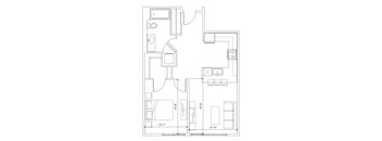 A floor plan of a house with a kitchen, living room, and bathroom.