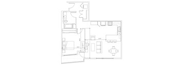 A floor plan of a house with a kitchen, living room, and bathroom.