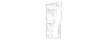 A floor plan of a small apartment with a kitchen, living room, and bathroom.