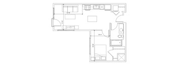 A floor plan of a house with a kitchen, living room, and bathroom.
