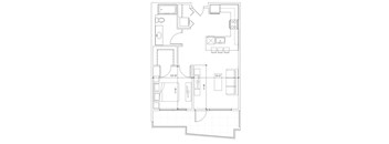A floor plan of a house with a kitchen, living room, and bathroom.