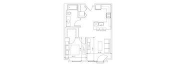 A floor plan of a house with a kitchen, living room, and bathroom.