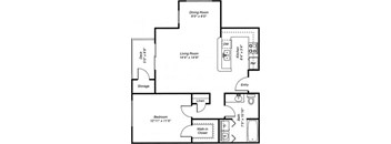 A floor plan of a small apartment with a living room, dining room, kitchen, bedroom, and bathroom.