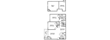 A floor plan of a house with a living room, dining room, kitchen, and two bedrooms.