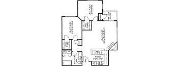 A floor plan of a house with a living room, two bedrooms, a kitchen, and a storage area.